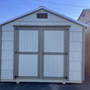 A Frame Shed light green with dark green trim