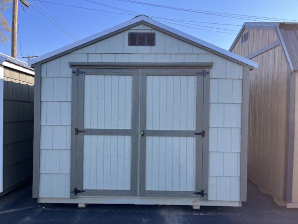 A Frame Shed light green with dark green trim