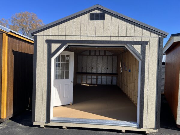 Interior photo A frame shed with garage door open to see inside