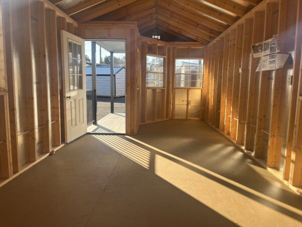 Inside looking out of an A Frame Shed with Deluxe Porch